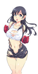 Rule 34 | 1girl, black eyes, black hair, black skirt, breasts, cleavage, clenched hands, commentary request, crop top, earrings, final fantasy, final fantasy vii, gauntlets, gloves, jewelry, large breasts, long sleeves, looking at viewer, matsumoto noriyuki, miniskirt, navel, open mouth, panties, pencil skirt, red gloves, shirt, simple background, skirt, sleeveless, sleeveless shirt, smile, solo, standing, suspender skirt, suspenders, thigh gap, tifa lockhart, torn clothes, torn skirt, underwear, wet, white background, white panties, white shirt