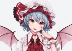 Rule 34 | 1girl, :p, akanbe, ascot, bat wings, black ribbon, blue hair, brooch, commentary request, dress, eyelid pull, frilled shirt collar, frills, grey background, hair between eyes, hand up, hat, hat ribbon, head tilt, index finger raised, jewelry, light smile, looking at viewer, mob cap, nail polish, neck ribbon, puffy short sleeves, puffy sleeves, red eyes, red nails, red ribbon, remilia scarlet, ribbon, short hair, short sleeves, simple background, solo, tongue, tongue out, torinari (dtvisu), touhou, upper body, white dress, white hat, wings, wrist cuffs