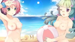 Rule 34 | 2girls, bandaid, bandaid on face, beach, black hair, blue sky, blush, breasts, cleavage, cloud, collarbone, day, facing viewer, feet out of frame, green eyes, green hair, groin, hair between eyes, hair ornament, hairband, hairclip, long hair, looking at viewer, md5 mismatch, medium breasts, mocha (osu!), multicolored hair, multiple girls, navel, nipples, nude, open mouth, osu!, pink hair, pippi (osu!), purple eyes, resolution mismatch, short hair, shovel, sky, small breasts, source larger, sun, surprised, v