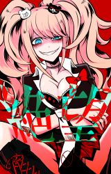 Rule 34 | 10s, 1girl, bags under eyes, blue eyes, boots, bow, breast press, breasts, choker, cleavage, cross-laced footwear, danganronpa (series), enoshima junko, grin, highres, itoshiki eru, knees apart feet together, lace-trim, lace-trimmed choker, lace-up boots, lace trim, looking at viewer, miniskirt, nail polish, pink hair, red background, red bow, red nails, simple background, sitting, skirt, smile, smirk, solo, spoilers, translation request, twintails