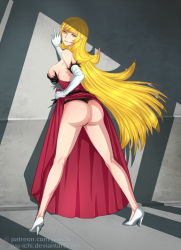 Rule 34 | 1girl, ass, bare shoulders, black panties, blonde hair, breasts, closed mouth, clothes lift, dress, dress lift, elbow gloves, female focus, from behind, gloves, gluteal fold, high heels, jyu ichi, kiss-shot acerola-orion heart-under-blade, kneepits, large breasts, lifted by self, lips, long hair, looking at viewer, looking back, monogatari (series), oshino shinobu, panties, patreon username, pointy ears, red dress, shoes, sleeveless, sleeveless dress, smile, solo, spread legs, standing, underwear, very long hair, watermark, web address, white footwear, white gloves, yellow eyes