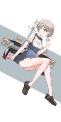 Rule 34 | 1girl, alcohol, bad id, bad pixiv id, beer, beretneko, black footwear, blouse, blue background, blue dress, blue eyes, cross, detached collar, dress, glass, highres, invisible chair, iron cross, kantai collection, looking at viewer, machinery, shirt, shoes, short dress, short hair, silver hair, sitting, solo, white shirt, z1 leberecht maass (kancolle)