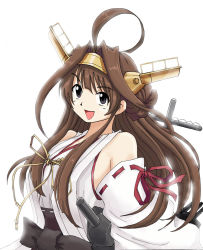Rule 34 | 10s, 1girl, ahoge, akiran (r32), bare shoulders, breasts, brown hair, cannon, detached sleeves, headgear, huge ahoge, japanese clothes, kantai collection, kongou (kancolle), long hair, nontraditional miko, small breasts, smile, solo