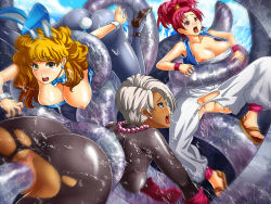 Rule 34 | 3girls, animal ears, ass, blonde hair, blush, breasts, censored, chunsoft, dark-skinned female, dark skin, detached collar, dragon quest, dragon quest iii, enix, fake animal ears, jester (dq3), jewelry, large breasts, leotard, long hair, merchant (dq3), monster, mosaic censoring, multiple girls, necklace, nipples, one breast out, pantyhose, pearl necklace, playboy bunny, pussy, rabbit ears, rape, short hair, tail, tentacles, thief (dq3), torn clothes, vaginal, white hair