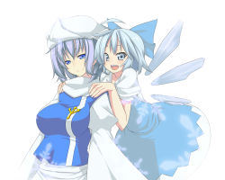 Rule 34 | 2girls, akutsu, blue eyes, blue hair, blush, bow, cirno, dress, from behind, hair bow, hands on shoulders, hat, highres, ice, letty whiterock, multiple girls, open mouth, perfect cherry blossom, scarf, short hair, smile, touhou, white scarf, wings