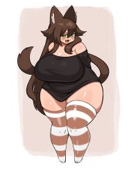 Rule 34 | 1girl, animal ears, belly, black shirt, blush stickers, breasts, brown hair, cat ears, cat girl, cat tail, cleavage, fang, green eyes, huge breasts, long hair, naked shirt, off-shoulder shirt, off shoulder, open mouth, original, paperrose, plump, shirt, short eyebrows, skin fang, smile, solo, striped clothes, striped thighhighs, tail, thick thighs, thighhighs, thighs, very long hair