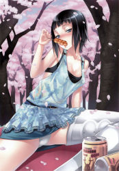 Rule 34 | 1girl, :&gt;=, amputee, asymmetrical clothes, belt, black bra, black hair, blue eyes, blunt bangs, blush, bob cut, bra, breasts, can, cherry blossoms, cleavage, dango, day, dress, eating, embarrassed, food, grasshopper manufacture, highres, holly summers, kousaki rui, leaning, leaning left, lingerie, lipstick, makeup, medium breasts, nail polish, nature, no more heroes, open mouth, outdoors, panties, pantyshot, petals, pink nails, prosthesis, scan, see-through, sexually suggestive, short hair, single thighhigh, sitting, sky, solo, thighhighs, tree, underwear, wagashi, white panties