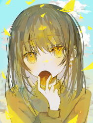 Rule 34 | 1girl, autumn, blue sky, brown hair, cloud, cloudy sky, day, earrings, food, hand up, highres, holding, holding food, irodori warabi, jewelry, long sleeves, looking at viewer, medium hair, original, outdoors, sky, solo, sweater, yellow eyes, yellow theme