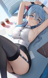 Rule 34 | 1girl, ako (blue archive), armpits, black thighhighs, blue archive, blue eyes, blue hair, blush, breasts, dress, garter straps, hair between eyes, hairband, halo, highres, large breasts, long hair, looking at viewer, may9, pencil skirt, sideboob, skirt, solo, thighhighs, thighs, turtleneck, turtleneck dress, window blinds
