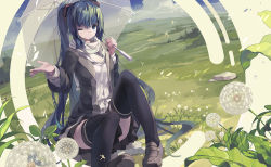 Rule 34 | 1girl, black thighhighs, dandelion, flower, grass, hatsune miku, huanxiang huifeng, loafers, long hair, one eye closed, scarf, shoes, sitting, skirt, smile, solo, thighhighs, transparent, transparent umbrella, twintails, umbrella, vocaloid