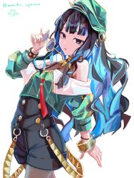 Rule 34 | 1girl, absurdres, bare shoulders, beret, black hair, black shorts, blue hair, bracelet, breasts, buttons, colored inner hair, double-breasted, eyeliner, fate/grand order, fate (series), green hat, green jacket, grey eyes, hat, highres, jacket, jewelry, long hair, looking at viewer, makeup, mochi upamo, multicolored hair, neck ring, o-ring, off shoulder, open mouth, round eyewear, shorts, sidelocks, small breasts, solo, sunglasses, tenochtitlan (fate), tenochtitlan (second ascension) (fate), thighs, unworn eyewear, wavy hair, zipper