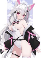 Rule 34 | 1girl, absurdres, animal ear fluff, animal ears, bare shoulders, belt, black jacket, bow, bowtie, breasts, chinese commentary, commentary request, covered navel, detached collar, evil butterfly, fox ears, fox girl, grey hair, hair ornament, highres, holding, holding sword, holding weapon, id card, indie virtual youtuber, jacket, lanyard, large breasts, leotard, long hair, looking at viewer, multicolored hair, off shoulder, parted lips, pink eyes, pink hair, sidelocks, solo, strapless, strapless leotard, streaked hair, striped bow, striped bowtie, striped clothes, sword, thigh strap, very long hair, virtual youtuber, weapon, white leotard