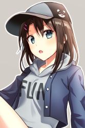 Rule 34 | 10s, 1girl, arm support, bang dream!, bare legs, baseball cap, black hair, blue eyes, clothes writing, grey background, hair ornament, hairclip, hat, highres, hood, hoodie, jacket, okusawa misaki, outline, short hair, simple background, solo, white outline, yuusa