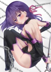 Rule 34 | 1girl, absurdres, alternate costume, bare back, bare shoulders, blurry, blush, bow, breasts, chain, commentary request, cosplay, dagger, depth of field, dual wielding, fate/stay night, fate (series), go-1, hair bow, hair ribbon, highres, holding, knife, long hair, looking at viewer, matou sakura, medium breasts, medusa (fate), medusa (rider) (fate), medusa (rider) (fate) (cosplay), medusa (rider) (third ascension) (fate), nameless dagger (fate), purple eyes, purple hair, ribbon, sideboob, smile, solo, weapon