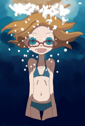Rule 34 | 1girl, bikini, blonde hair, blue bikini, blue eyes, bubble, child, flat chest, freckles, glasses, highres, hotelblue, madeline (hotelblue), navel, open mouth, original, smile, swimsuit, two piece, underwater