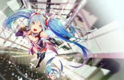 Rule 34 | 2girls, :d, aqua eyes, aqua hair, black gloves, black legwear, blue hair, blush stickers, boots, breasts, bug, butterfly, chibi, cleavage, cleavage cutout, clothing cutout, collarbone, elbow gloves, fingerless gloves, flying, gin (oyoyo), gloves, hatsune miku, highres, holding, bug, long hair, looking at viewer, microphone, multiple girls, nail polish, open mouth, smile, thigh boots, thighhighs, twintails, very long hair, vocaloid
