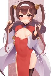 Rule 34 | 1girl, azur lane, bad id, bad pixiv id, black thighhighs, blush, breasts, breasts out, brown background, brown eyes, brown hair, china dress, chinese clothes, closed mouth, coat, covered navel, dress, female focus, fur-trimmed coat, fur trim, hair between eyes, hair ornament, headband, highres, holding, holding own hair, looking at viewer, medium breasts, nipples, panties, perky breasts, ping hai (azur lane), puffy sleeves, red dress, side-tie panties, simple background, skindentation, small breasts, solo, takio (kani sama), thighhighs, twintails, underwear, white background, white coat, white headband, white panties