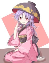 Rule 34 | 1girl, absurdres, alternate hair length, alternate hairstyle, bowl, bowl hat, commentary request, hat, highres, japanese clothes, kimono, light smile, looking at viewer, obi, oshiaki, partial commentary, pink kimono, purple hair, red eyes, sash, seiza, sitting, solo, sukuna shinmyoumaru, tabi, touhou, wide sleeves