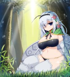 Rule 34 | 1girl, antennae, arthropod girl, belt, blue eyes, blush, breasts, cape, cleavage, covered erect nipples, curvy, elbow gloves, eyes visible through hair, flower, gloves, hair flower, hair ornament, hairband, highres, insect girl, insect wings, large breasts, long hair, looking at viewer, monster girl, moth girl, moth wings, navel, original, pointy ears, sawati, seductive smile, sitting, smile, solo, thick thighs, thighhighs, thighs, underbust, white hair, wide hips, wings