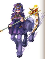 Rule 34 | animal ears, blue hair, blush, centaur, chain, dress, gold chain, jewelry, long sleeves, looking at viewer, monster girl, monster girl encyclopedia, nightmare (monster girl encyclopedia), purple dress, scythe, simple background, tagme, taur