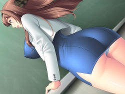Rule 34 | 1girl, ass, blue dress, breasts, brown eyes, brown hair, chalkboard, classroom, cowboy shot, cropped jacket, curvy, dress, dutch angle, from behind, from below, highres, impossible clothes, impossible shirt, indoors, jacket, large breasts, legs together, long hair, looking away, microdress, nantai prima onna kyoushi, panties, pantyshot, shirasagi aika, shirt, skin tight, skirt, solo, standing, takahashi record, teacher, underwear, upskirt, wallpaper, white jacket, white panties