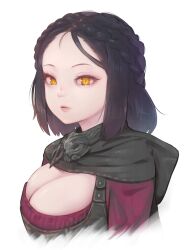 Rule 34 | 1girl, black cape, black hair, breasts, cape, cleavage, cropped torso, hood, hood down, hooded cape, large breasts, looking at viewer, orange eyes, parted lips, serana, simple background, solo, the elder scrolls, the elder scrolls v: skyrim, tomamatto, upper body, white background