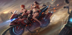 Rule 34 | 2girls, ass, bikini, blue eyes, breasts, brown eyes, brown hair, facial mark, fingerless gloves, firing, gloves, gun, handgun, heart, heart facial mark, high heels, holding, holding gun, holding weapon, lalan fengchu, large breasts, long hair, looking at viewer, motor vehicle, motorcycle, multiple girls, multiple riders, navel, one eye closed, original, parted lips, red hair, riding, short hair, shorts, smile, swimsuit, torn clothes, weapon