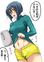 Rule 34 | 00s, 1girl, aoi manabu, blue hair, blush, breasts, busou renkin, clothes lift, female focus, heart, heavy breathing, kettle, long sleeves, midriff, navel, no panties, open clothes, open fly, open mouth, open shorts, scar, shirt lift, short hair, shorts, simple background, solo, standing, sweat, sweater, teapot, translated, tsumura tokiko, turtleneck, unbuttoned, unzipped, white background, yellow eyes