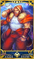 Rule 34 | 1boy, alternate costume, bara, beard, holding behind back, bracer, bulge, class change, facial hair, fate/grand order, fate/zero, fate (series), feet out of frame, gift bag, hat, holding, iskandar (fate), large pectorals, looking at viewer, male focus, muscular, pectorals, red eyes, red hair, santa costume, santa hat, servant card (fate/grand order), shirt, short hair, solo, thick thighs, thighs, trabel, white shirt