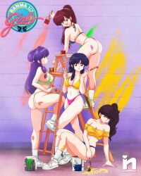 Rule 34 | 4girls, ass, bikini, black hair, breasts, brown hair, cleavage, large breasts, long hair, multiple girls, navel, open mouth, paint, paint can, paintbrush, ponytail, purple hair, ranma 1/2, socks, swimsuit, thong, tongue