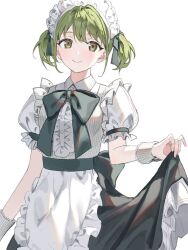 Rule 34 | 1girl, alternate costume, apron, blush, center frills, enmaided, frills, green hair, highres, idolmaster, idolmaster shiny colors, looking at viewer, maid, maid headdress, nanakusa nichika, puffy short sleeves, puffy sleeves, short sleeves, short twintails, simple background, skirt hold, smile, solo, twintails, waist apron, white apron, white background, wrist cuffs, yumeme 818
