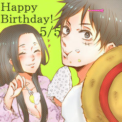 Rule 34 | 1boy, 1girl, bad id, bad pixiv id, black hair, blush, boa hancock, breasts, closed eyes, eating, food, food on face, fork, hair ornament, hairclip, hat, large breasts, long hair, monkey d. luffy, napkin, nashimo (drz n), one piece, scar, short hair, smile