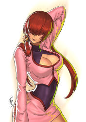 Rule 34 | 1girl, breasts, brown hair, cleavage, cleavage cutout, clothing cutout, commentary request, cropped jacket, earrings, hair over eyes, jewelry, large breasts, long hair, miniskirt, ponytail, red hair, shermie (kof), skirt, smile, snk, solo, the king of fighters, twintails, yamahara