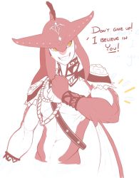 Rule 34 | 1boy, ascot, biceps, bracer, chingilin, clenched hand, collarbone, english text, epaulettes, feathers, fins, fish boy, flexing, grin, highres, looking to the side, male focus, monster boy, muscular, navel, nintendo, sash, sharp teeth, sidon, smile, solo, teeth, the legend of zelda, the legend of zelda: breath of the wild, topless male, upper body, yellow eyes, zora