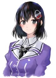 Rule 34 | 1girl, 73suke, absurdres, black hair, black ribbon, bob cut, brown eyes, commentary request, haguro (kancolle), haguro kai ni (kancolle), hair ornament, highres, jacket, kantai collection, looking at viewer, military, military uniform, neck ribbon, purple jacket, ribbon, short hair, simple background, smile, solo, uniform, upper body, white background