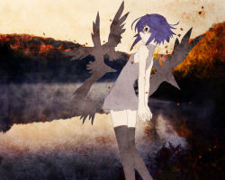 Rule 34 | 00s, arms behind back, bare shoulders, bird, black thighhighs, blue hair, dress, flat chest, fog, from behind, hakua ugetsu, kagano ai, leaf, looking back, mahou shoujo ai, outdoors, red eyes, reflection, short hair, smile, solo, thighhighs, third-party edit, wallpaper, water
