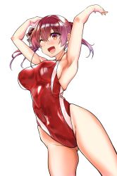 Rule 34 | 1girl, absurdres, aiuti, breasts, cloud, competition swimsuit, covered navel, cowboy shot, hair ribbon, highres, hololive, houshou marine, long hair, looking at viewer, medium breasts, one-piece swimsuit, one eye closed, red eyes, red hair, red one-piece swimsuit, red ribbon, ribbon, shiny clothes, simple background, solo, standing, swimsuit, twintails, virtual youtuber, white background