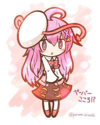 Rule 34 | 1girl, ahoge, alternate costume, artist name, blush, bow, bowtie, full body, hata no kokoro, mask, open mouth, pink eyes, pink hair, red footwear, shoes, simple background, skirt, solo, touhou, translation request, yurume atsushi