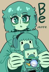 Rule 34 | 3others, adventure time, aqua eyes, aqua hair, ball, bmo, brown background, colored skin, green skin, headphones, highres, humanization, multiple others, multiple persona, open mouth, other focus, rable051017, simple background, upper body