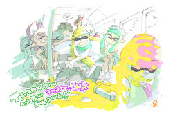 Rule 34 | 2boys, 5girls, beanie, blonde hair, cloud, english text, fangs, gas mask, goggles, goggles on head, green hair, hat, ink tank (splatoon), inkling player character, judd (splatoon), mask, multiple boys, multiple girls, nintendo, official art, paint splatter, partially colored, pink hair, ponytail, pun, sidelocks, simple background, sitting, sleeping, smile, tentacle hair, visor cap, water balloon