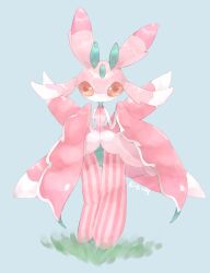 Rule 34 | 1girl, antennae, arthropod girl, artist name, blue background, colored skin, creatures (company), female focus, flat chest, full body, furry, furry female, game freak, gen 7 pokemon, grass, green skin, hands up, highres, legs, looking at viewer, lurantis, multicolored skin, natsumekan, nintendo, no mouth, orange eyes, pink skin, pokemon, pokemon (creature), signature, simple background, solo, standing, straight-on, striped skin, white skin