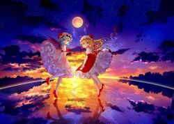 Rule 34 | 2girls, :/, ascot, back cutout, bat wings, blush, clothing cutout, cloud, cloudy sky, collared shirt, commentary request, crystal, dress, flandre scarlet, full moon, hat, high heels, looking at viewer, looking back, mob cap, moon, multicolored wings, multiple girls, night, night sky, petticoat, pink dress, puffy short sleeves, puffy sleeves, red ascot, red eyes, red footwear, red ribbon, red skirt, red vest, reflection, remilia scarlet, ribbon, ripples, sakizaki saki-p, shirt, short hair, short sleeves, siblings, side ponytail, sisters, skirt, sky, standing, standing on liquid, star (sky), starry sky, touhou, vest, water, wing collar, wings, wrist cuffs