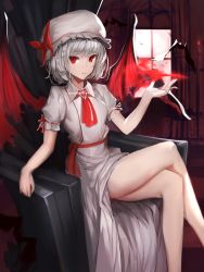 Rule 34 | 1girl, bare arms, bare legs, bat (animal), bat wings, brooch, crossed legs, expressionless, goldenhee, hat, hat ribbon, highres, indoors, jewelry, long skirt, looking at viewer, mob cap, puffy short sleeves, puffy sleeves, red eyes, red ribbon, remilia scarlet, ribbon, ribbon-trimmed sleeves, ribbon trim, short sleeves, silver hair, sitting, skirt, skirt set, solo, touhou, white hat, window, wing collar, wings