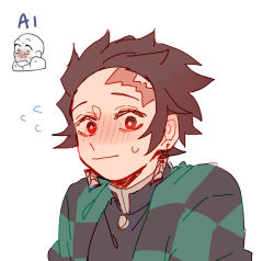 Rule 34 | 1boy, black jacket, blush, brown hair, checkered haori, chinese commentary, closed mouth, commentary request, earrings, flying sweatdrops, gakuran, highres, jacket, jewelry, kamado tanjirou, kimetsu no yaiba, male focus, mogutofuoes, red eyes, reference inset, scar, scar on face, scar on forehead, school uniform, short hair, simple background, solo, sweat, upper body, white background