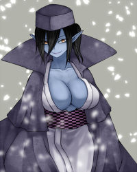 Rule 34 | 1girl, aoshima, black hair, blue skin, breasts, brown eyes, cleavage, colored skin, commentary request, fang, forbidden scrollery, fortune teller (touhou), genderswap, genderswap (mtf), grin, highres, japanese clothes, kimono, large breasts, looking at viewer, obi, pointy ears, sash, smile, solo, touhou