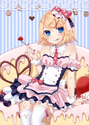 Rule 34 | 1girl, :q, arm support, bare shoulders, blonde hair, blue eyes, blush, dress, food, food on face, fork, frills, fruit, hair ornament, hair ribbon, hairclip, kagamine rin, nail polish, necktie, ribbon, short hair, sitting, smile, solo, strawberry, thighhighs, tongue, tongue out, vocaloid, white thighhighs, yayoi (egoistic realism)