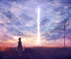 Rule 34 | 1girl, blue sky, boots, cloud, cloudy sky, commentary request, fantasy, grass, light, magic, original, outdoors, pillar, road, sakimori (hououbds), scenery, short hair, sky, solo, standing, sunset