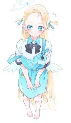Rule 34 | 1girl, angel&#039;s 24 uniform (blue archive), angel wings, apron, barefoot, black bow, black bowtie, blonde hair, blue apron, blue archive, blue eyes, blue halo, blush, bow, bowtie, closed mouth, collared shirt, full body, halo, highres, long hair, polo shirt, shirt, short sleeves, simple background, solo, sora (blue archive), toes, two side up, valentine (02140314c), white background, white shirt, white wings, wings
