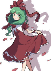 Rule 34 | 1girl, absurdres, blush, bow, closed mouth, dress, feet out of frame, frilled ribbon, frills, front ponytail, green eyes, green hair, hair bow, hair ribbon, highres, kagiyama hina, long hair, looking at viewer, miz (mizillustration), one-hour drawing challenge, petals, puffy short sleeves, puffy sleeves, red bow, red dress, red ribbon, ribbon, shadow, short sleeves, sketch, skirt hold, smile, solo, split mouth, standing, touhou, white background, wrist cuffs