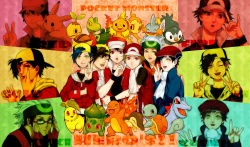 Rule 34 | 00s, 1990s (style), 6+boys, baseball cap, beret, brendan (pokemon), brown hair, bulbasaur, charmander, chikorita, chimchar, copyright name, creatures (company), cyndaquil, dual persona, english text, ethan (pokemon), fingerless gloves, game freak, gen 1 pokemon, gen 2 pokemon, gen 3 pokemon, gen 4 pokemon, glasses, gloves, green eyes, hat, highres, hug, jacket, lucas (pokemon), male focus, mudkip, multiple boys, nintendo, open mouth, pikachu, piplup, pokemon, pokemon (creature), pokemon dppt, pokemon frlg, pokemon gsc, pokemon hgss, pokemon rgby, pokemon rse, red (pokemon), red (pokemon frlg), red eyes, retro artstyle, smile, squirtle, starter pokemon trio, torchic, totodile, treecko, turtwig, v, white hair, yellow eyes, yorozuame